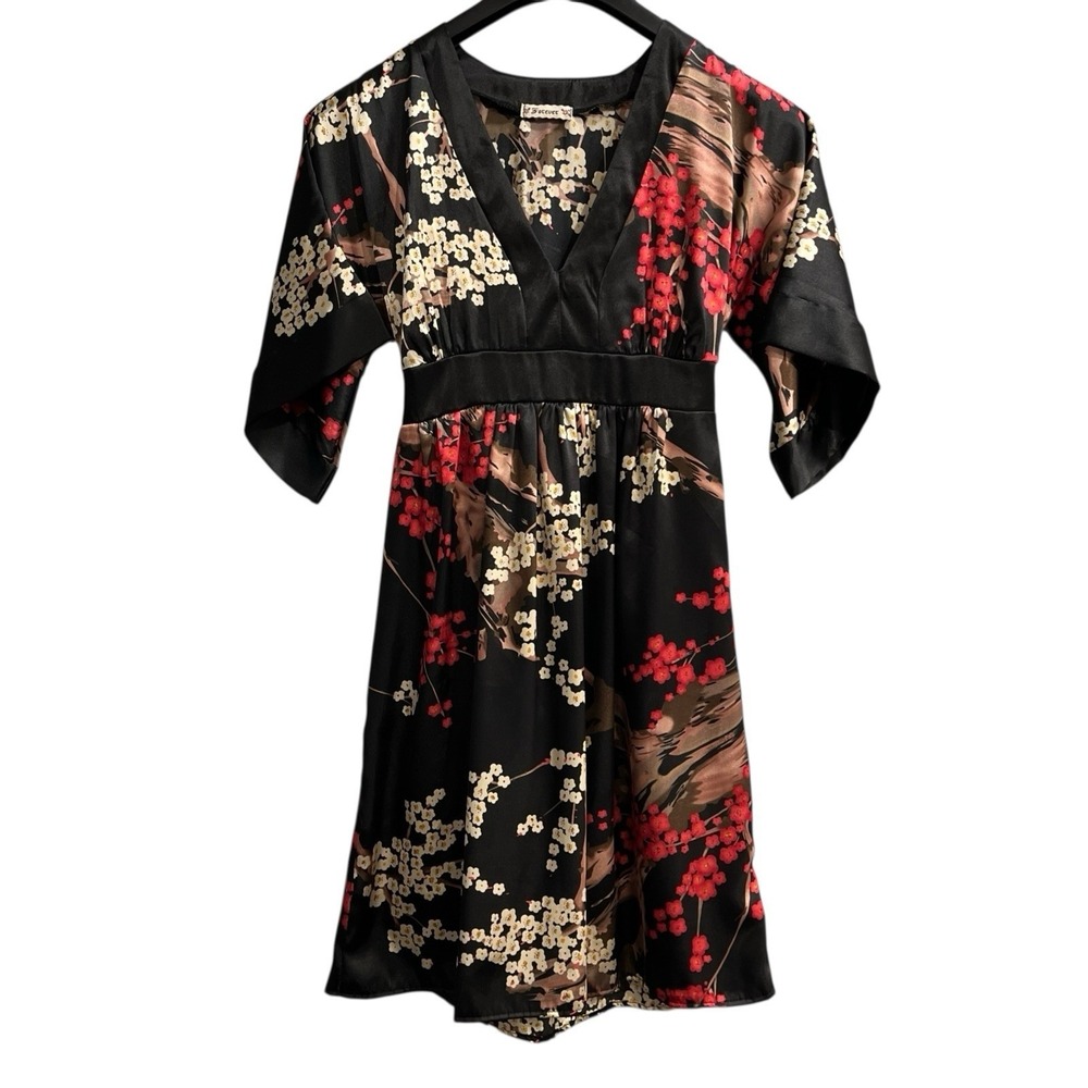 Forever 21 Y2K Dress Black Satin Asian Floral Babydoll Size S Fairy Whimsigoth